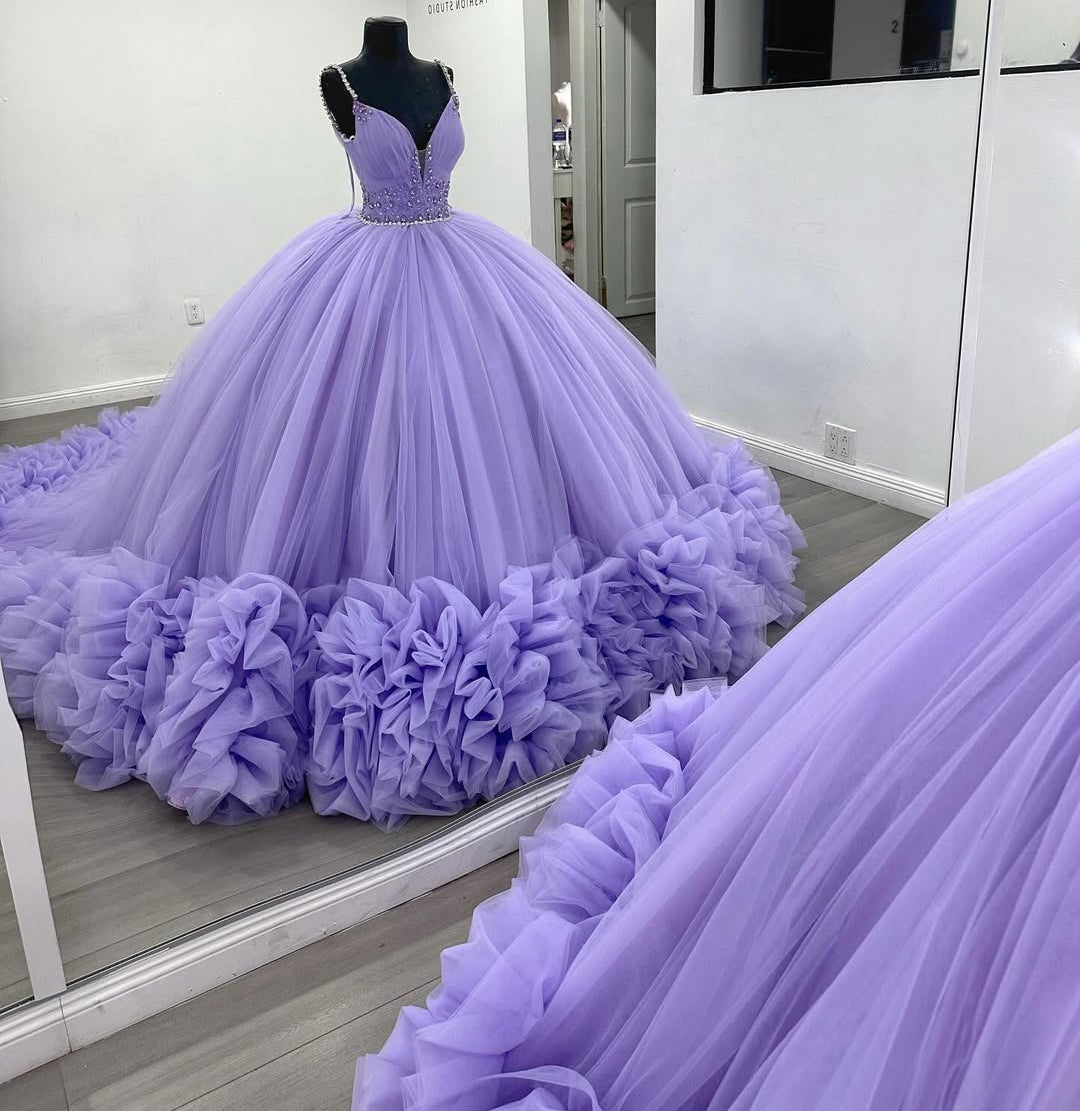 Ball Gown V Neck Quinceanera Dresses Tulle Ruffles Sweet 16 Prom Gowns HE450