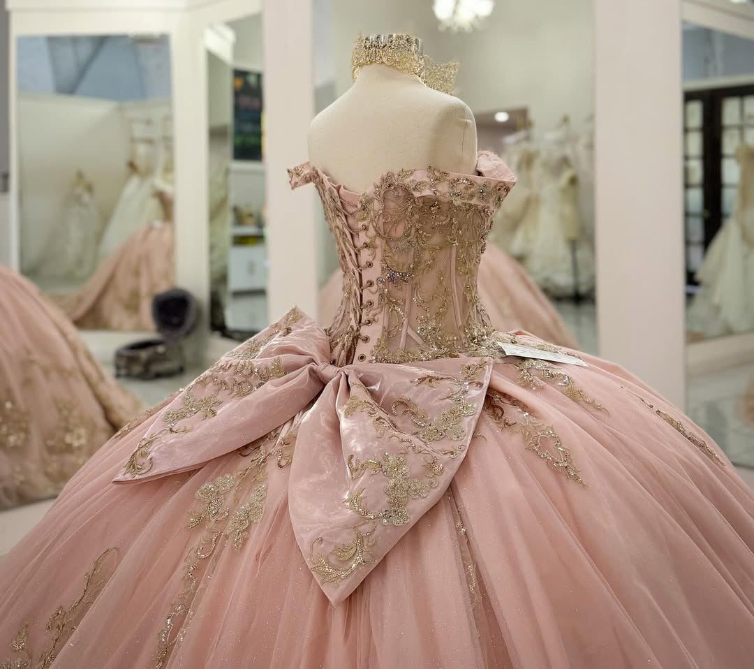HE326 - Hermoso vestido de quinceañera, estilo princesa, con hombros descubiertos, de tul, encaje y cuentas, para fiesta de cumpleaños