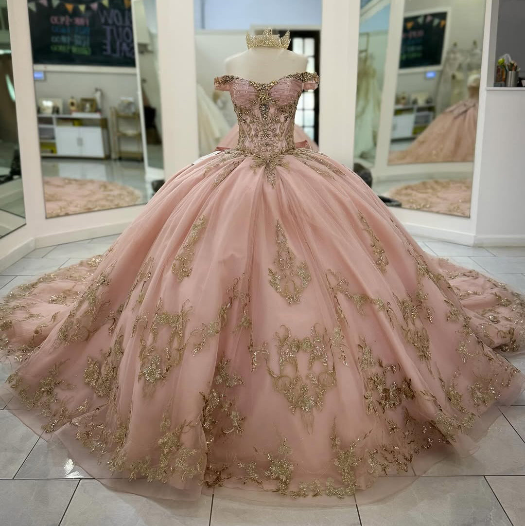 HE326 - Hermoso vestido de quinceañera, estilo princesa, con hombros descubiertos, de tul, encaje y cuentas, para fiesta de cumpleaños