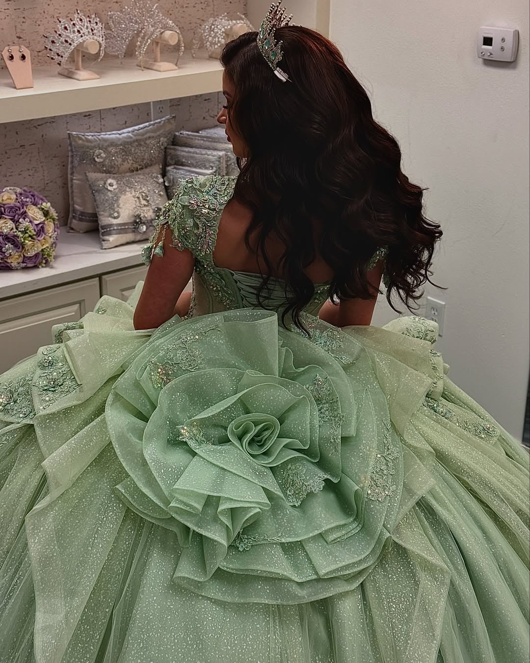 HE317-Vestido de quinceañera estilo princesa con volantes de tul verde y encaje para fiesta de graduación, vestidos de novia para cumpleaños de 16 años