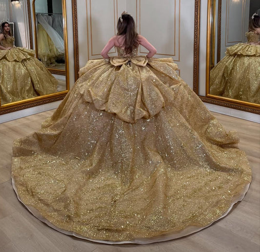 Gold Glitter Princess Quinceanera Dresses Sweetheart Ruffles Party Gowns HE324