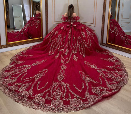 Ball Gown Quinceanera Dresses Red Tulle Lace Appliques Birthday Party Dress HE333