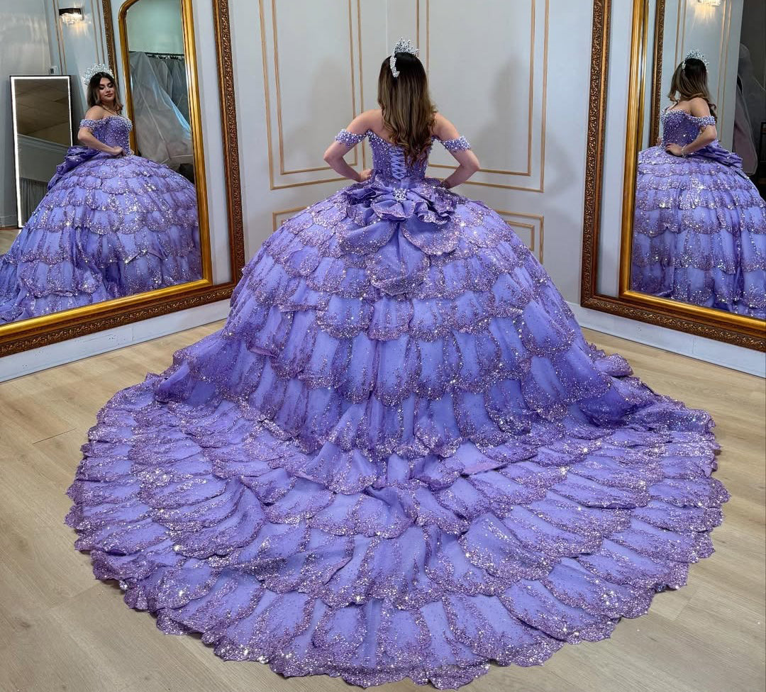 HE321-Vestido de quinceañera con volantes de tul brillante, estilo princesa, para fiesta de cumpleaños, hombros descubiertos