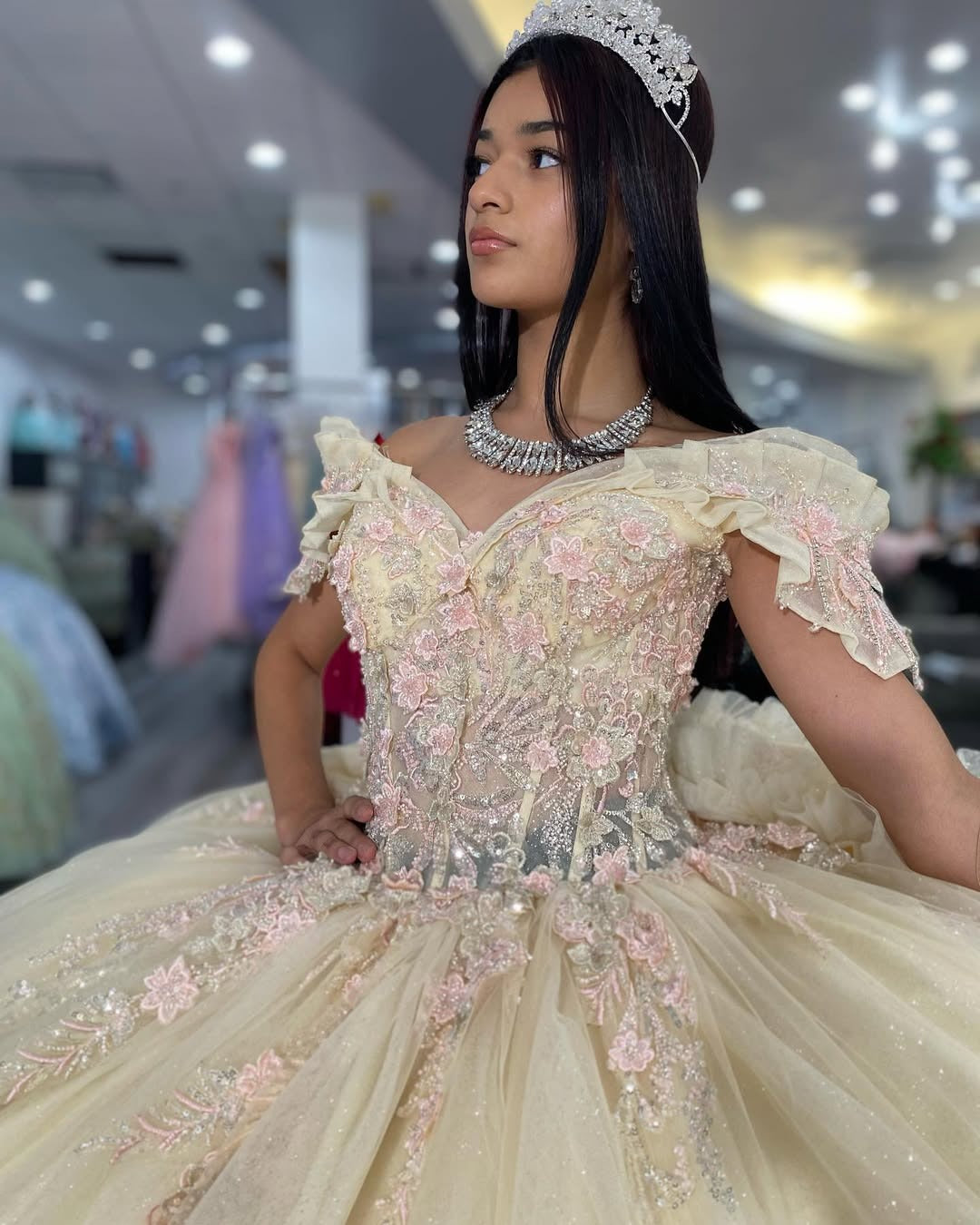 Vestidos de quinceañera color champán con tul y volantes, vestido de fiesta para dulces 16, HE523