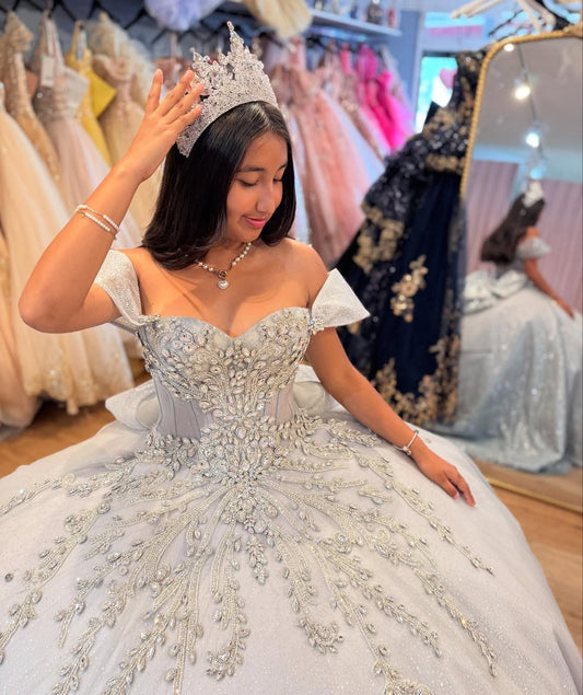 Silver Princess Quinceanera Dresses Tulle Beaded Sweet 16 Party Dresses HE373