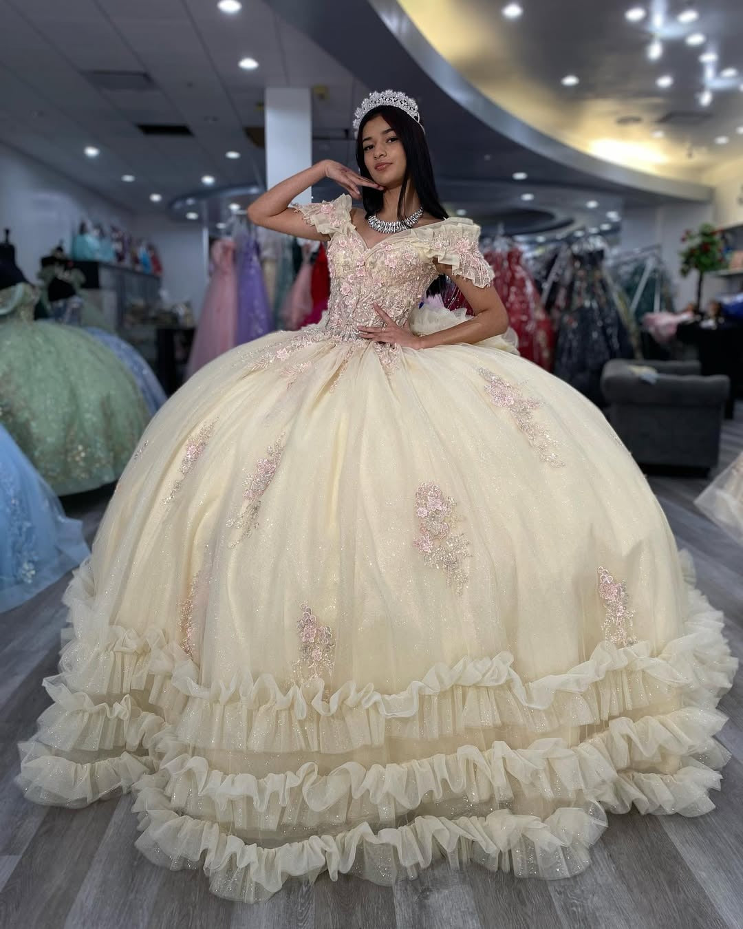 Vestidos de quinceañera color champán con tul y volantes, vestido de fiesta para dulces 16, HE523