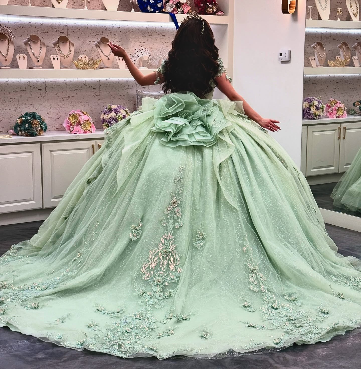 HE317-Vestido de quinceañera estilo princesa con volantes de tul verde y encaje para fiesta de graduación, vestidos de novia para cumpleaños de 16 años