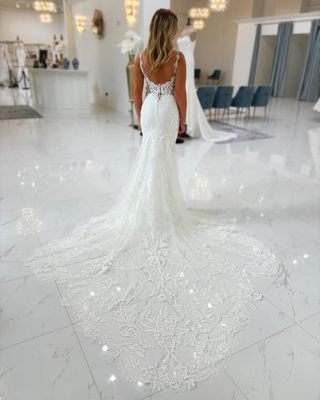 Mermaid Tulle Lace Appliqued V Neck Beach Wedding Dresses for Women HE799