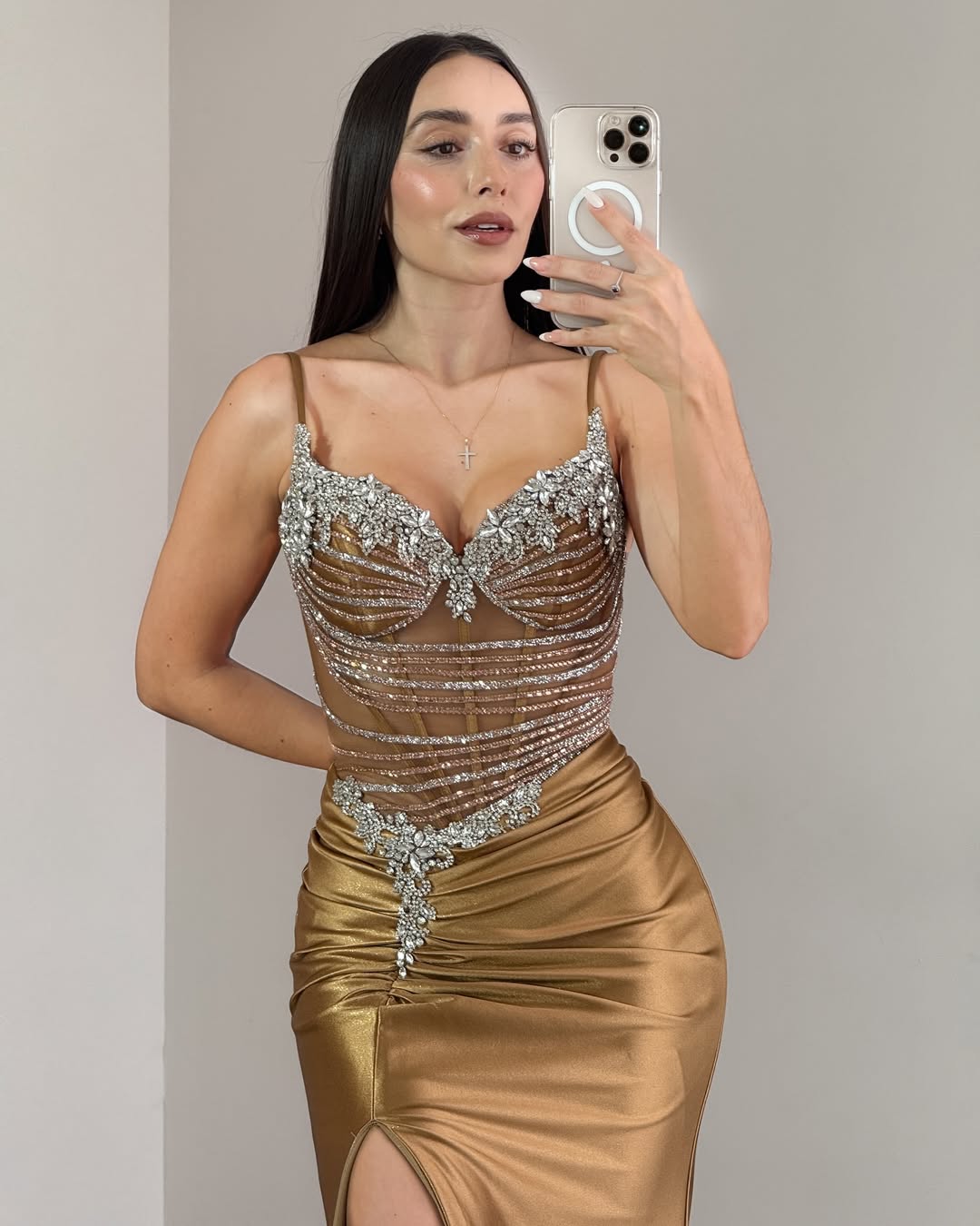 Gold Satin Beaded Long Prom Dresses for Women Mermaid Evening Gowns HE361