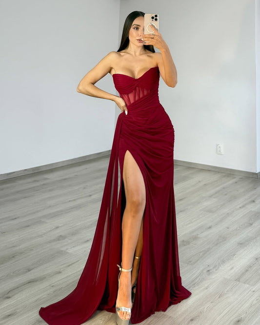 Strapless Chiffon Long Prom Dresses Sweetheart Mermaid Evening Gowns HE358