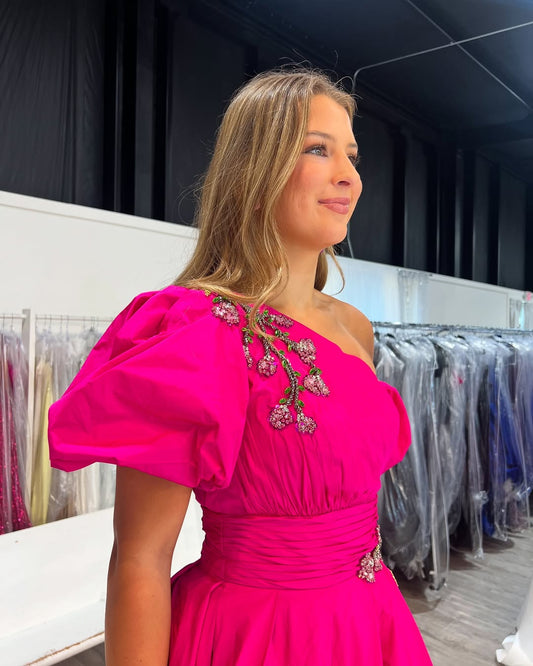 Women's A Line Prom Dresses Long One Shoulder Satin Appliqued Evening Gowns HE366