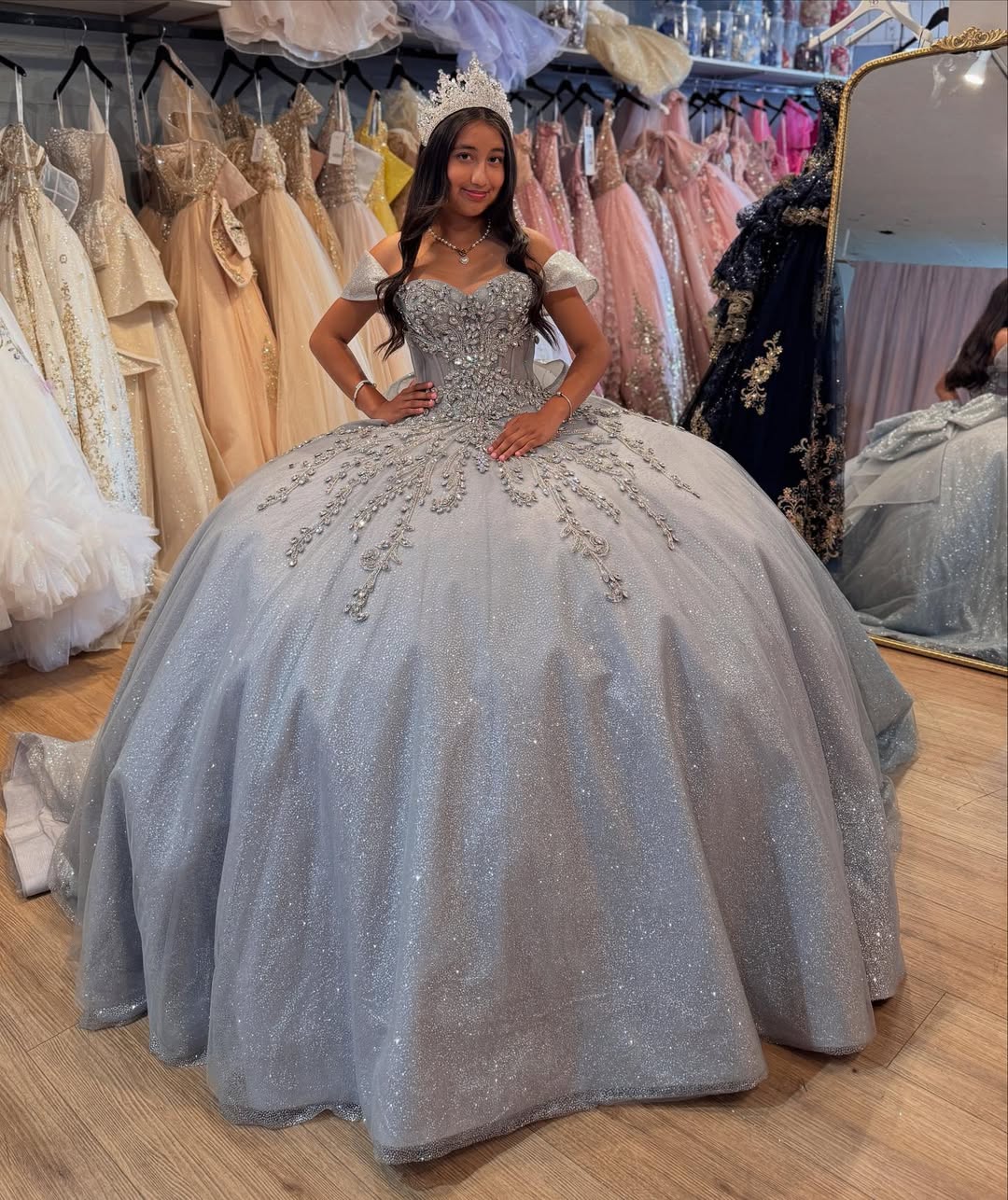 Silber Prinzessin Quinceanera Kleider Tüll Perlen Sweet 16 Party Kleider HE373