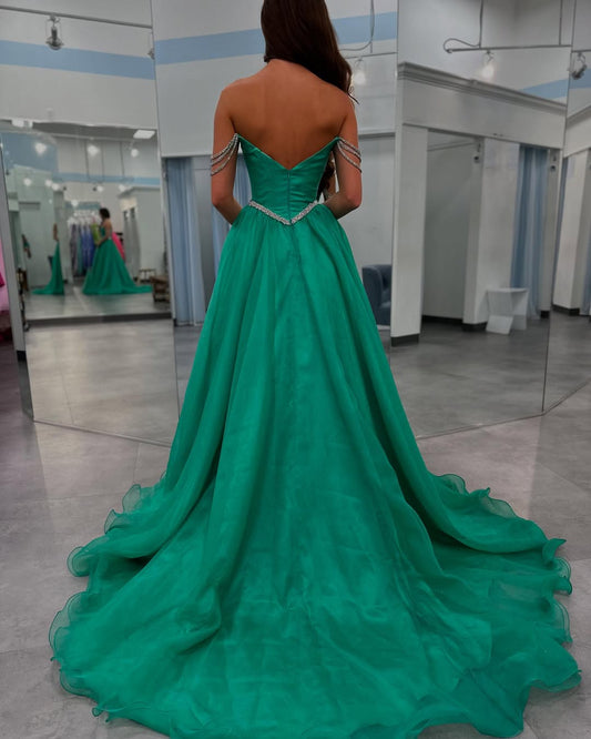 A Line Tulle Prom Dresses Long Off Shoulder Sequin Beaded Evening Gowns HE349