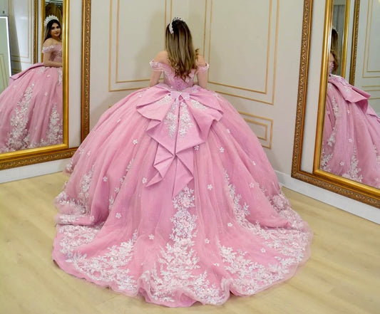 Rosa Quinceanera Kleider Ballkleid Spitze Applikationen Prinzessin Ballkleider HE377