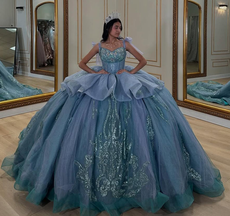 Vestidos de quinceañera con apliques de tul y brillo estilo princesa, para fiesta de graduación, HE421