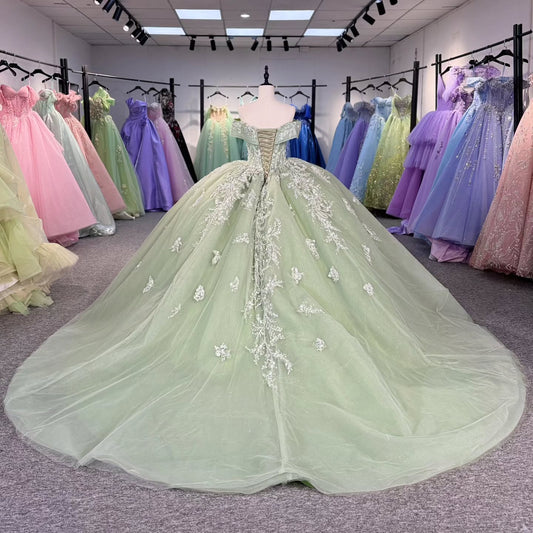 Ball Gown Quinceanera Dresses Princess Tulle Appliques Sweet 16 Prom Gowns HE382