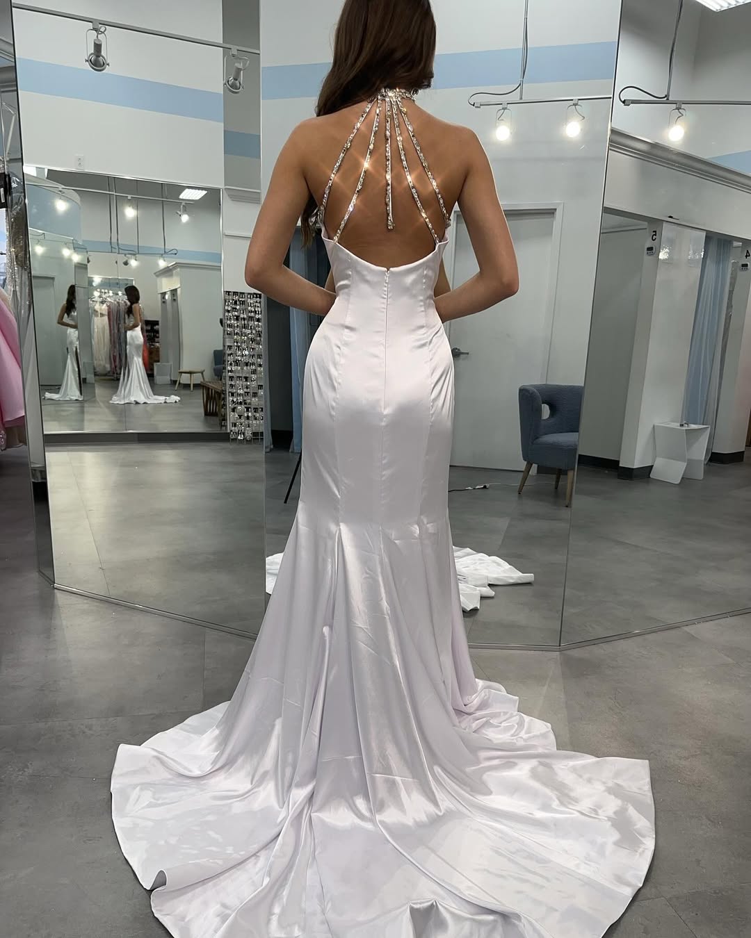 HE354-Mermaid Halter Neck Satin Evening Dresses Long Sequin Beaded Prom Gowns Side Slit Formal Party Dresses