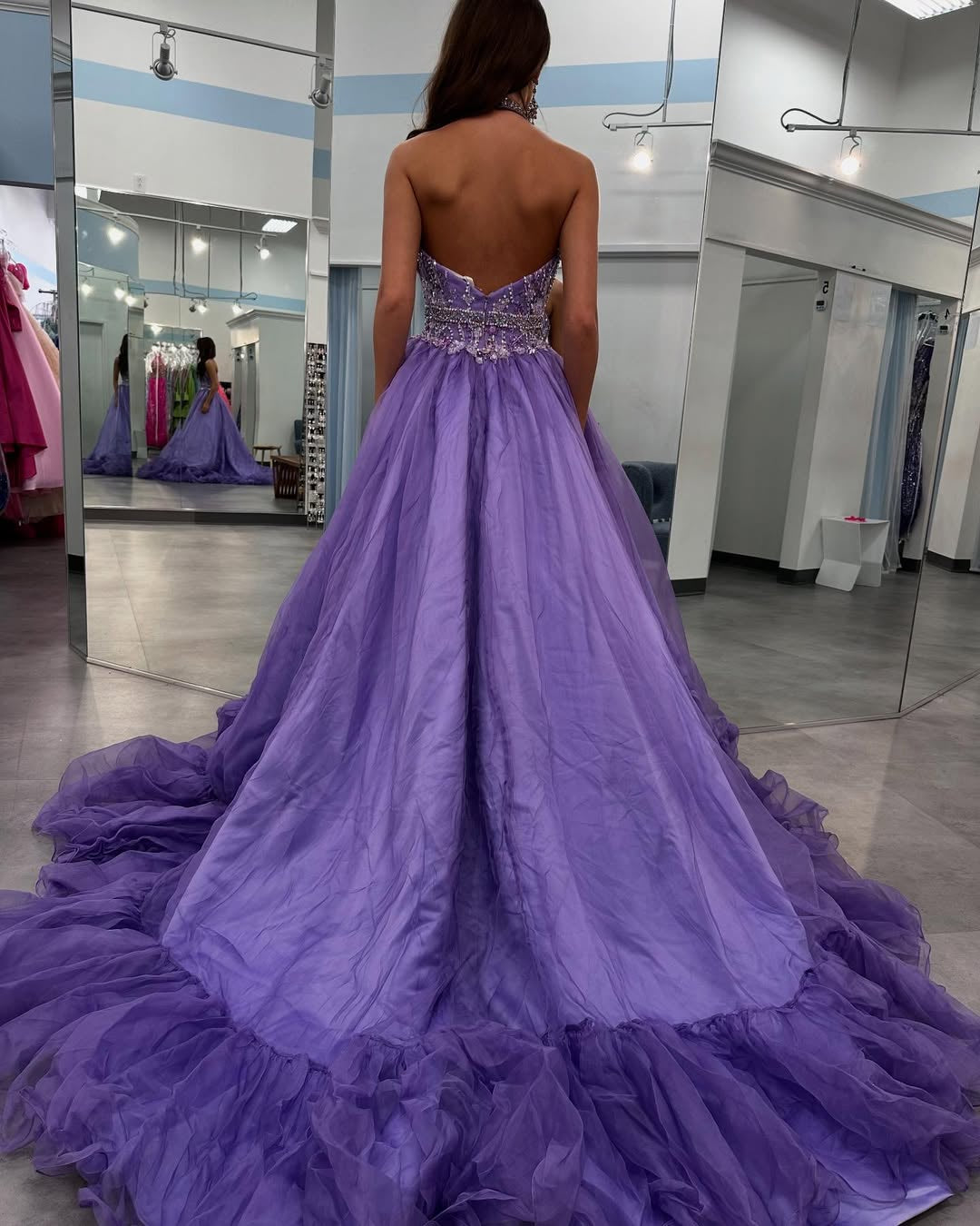 HE365-A Line Tulle Beaded Prom Dresses Long Halter Neck Party Gowns Sexy Backless Evening Dresses for Women