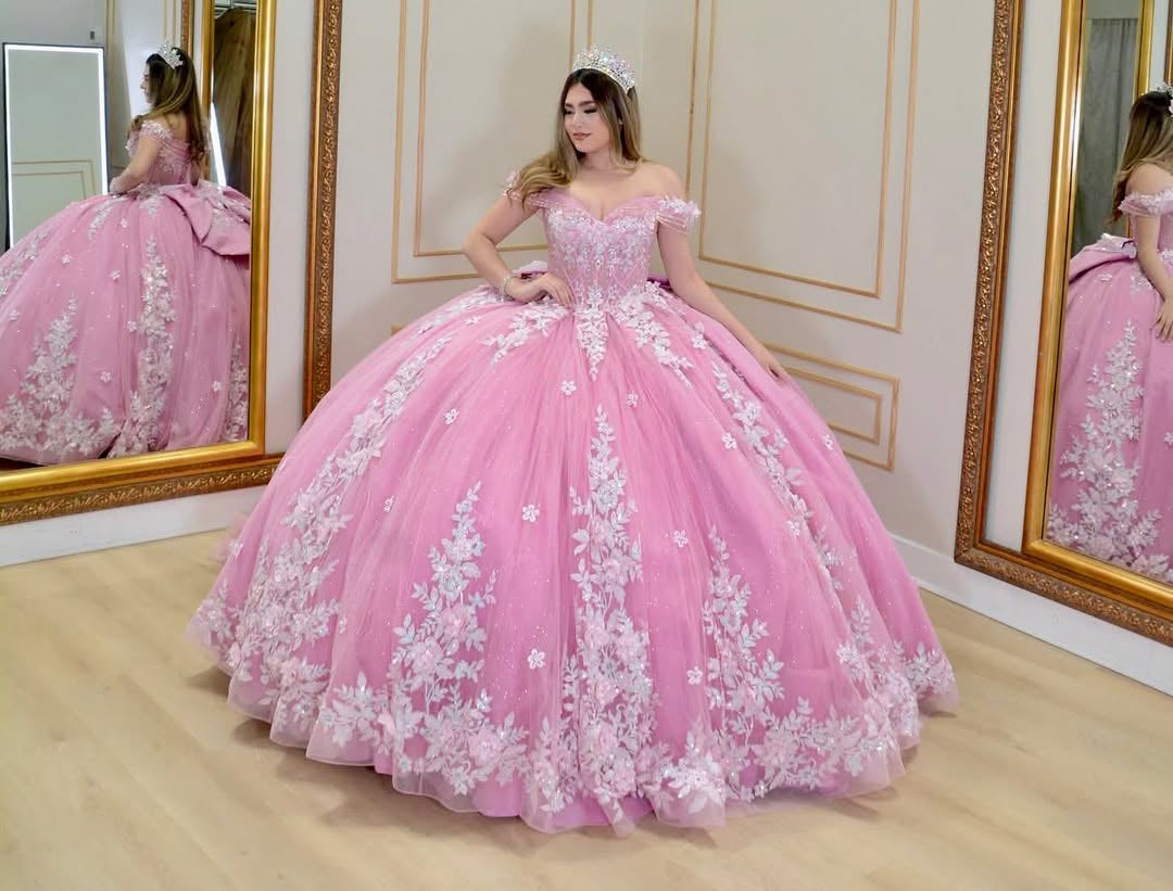 Vestidos de quinceañera rosas, vestido de baile con apliques de encaje, vestidos de fiesta estilo princesa HE377