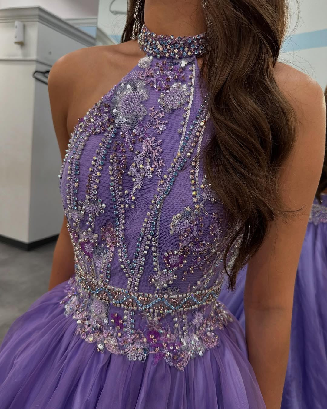 HE365-A Line Tulle Beaded Prom Dresses Long Halter Neck Party Gowns Sexy Backless Evening Dresses for Women