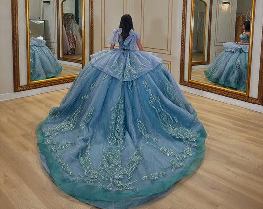 Sweet 16 Quinceanera Kleider Tüll Applikationen Prinzessin Glitzernde Abschlussball Partykleider HE421