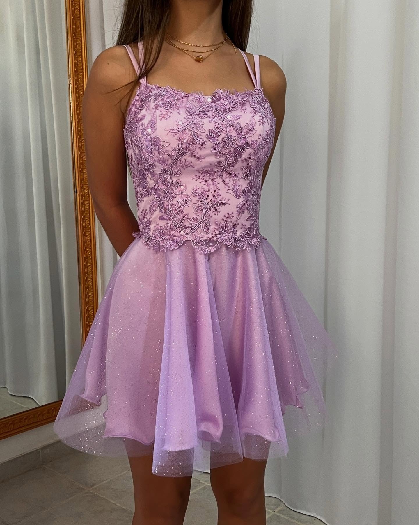 Vestidos de fiesta de tul con apliques de encaje y corte en A para mujer HE418