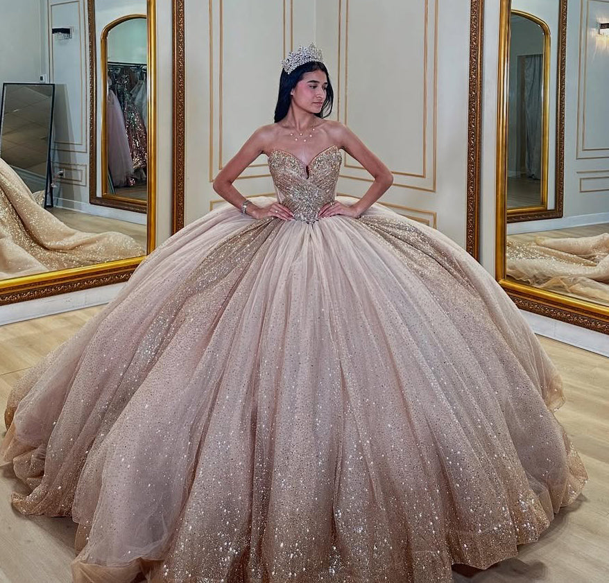 Vestidos de quinceañera de tul brillante con cuentas, estilo princesa, para cumpleaños de 16 años, HE423