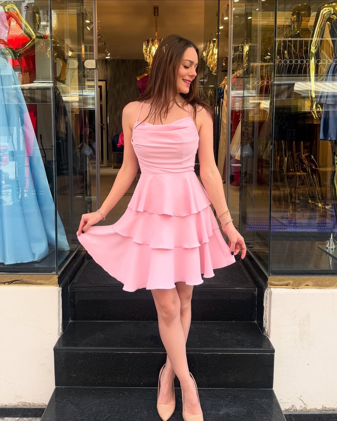 A Line Satin Homecoming Dresses Short Ruffles Cocktail Gowns HE406
