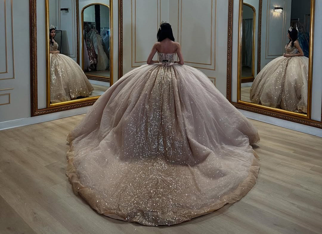 Vestidos de quinceañera de tul brillante con cuentas, estilo princesa, para cumpleaños de 16 años, HE423