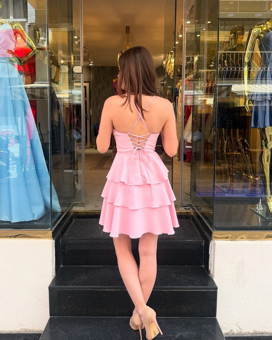 A Line Satin Homecoming Dresses Short Ruffles Cocktail Gowns HE406