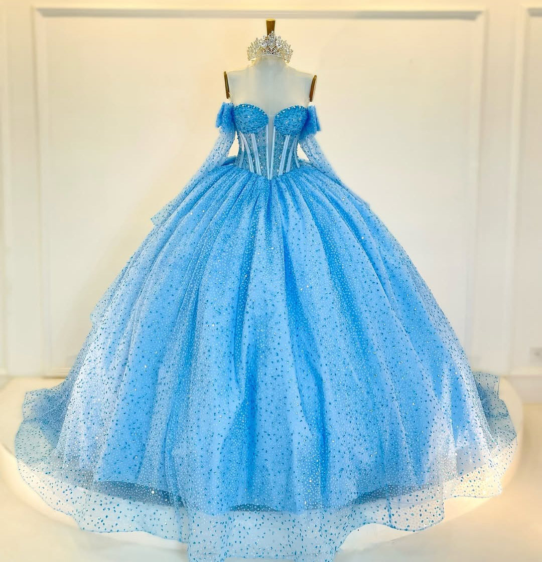 Vestido de quinceañera de tul brillante con hombros descubiertos, estilo princesa, para fiesta de dulces 16, HE427