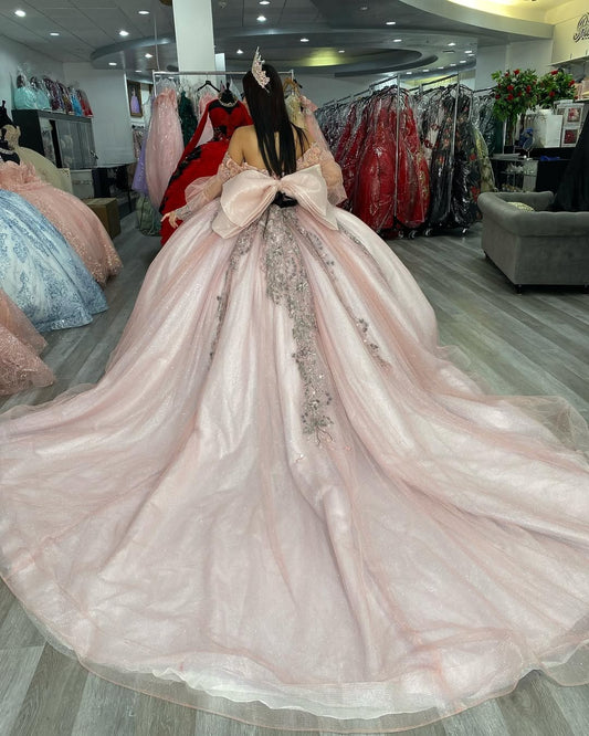Glittery Tulle Appliqued Long Sleeves Sweet 16 Quinceanera Dresses HE522