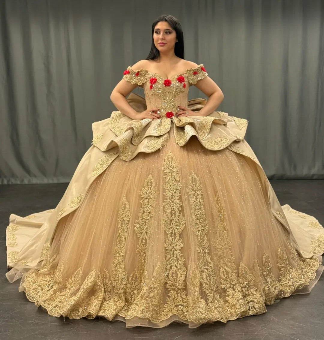 Vestidos de quinceañera dorados, vestido de baile, apliques de tul, vestidos de fiesta de cumpleaños para dulces 16, HE420