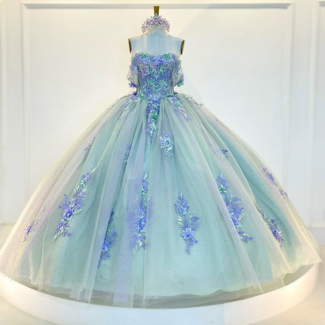 Vestidos de quinceañera con hombros descubiertos y apliques de encaje de tul, vestido de fiesta para dulces 16 HE501