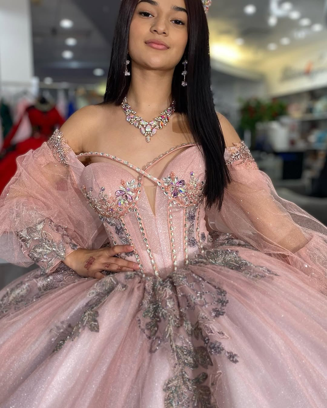Glittery Tulle Appliqued Long Sleeves Sweet 16 Quinceanera Dresses HE522