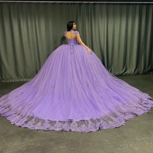 Lilac Quinceanera Dresses Sweetheart Tulle Appliques Prom Gowns for Sweet 16 HE419