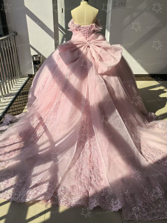 Off Shoulder Pink Quinceanera Dresses Sweet 16 Tulle Appliqued Birthday Party Gowns HE1442