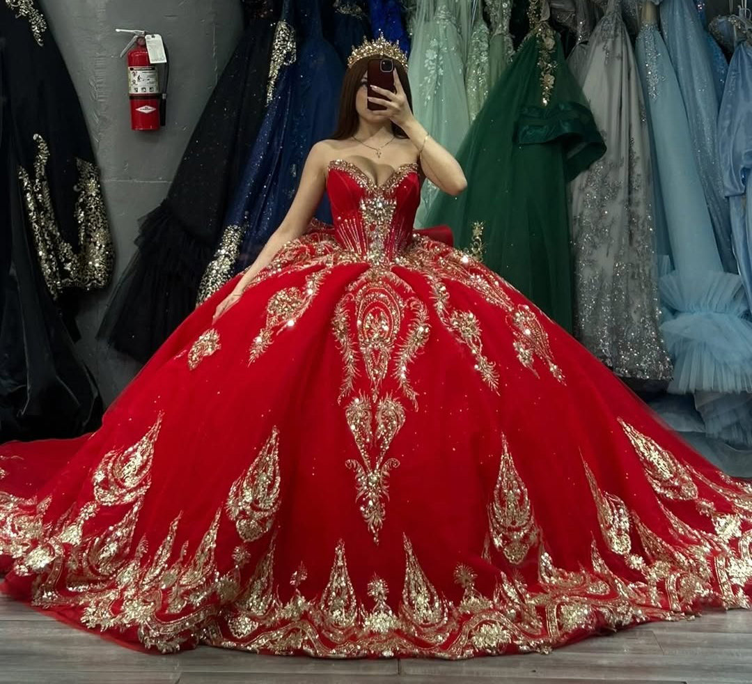 Vestidos de quinceañera rojos con escote corazón y apliques de tul, vestidos de fiesta HE512