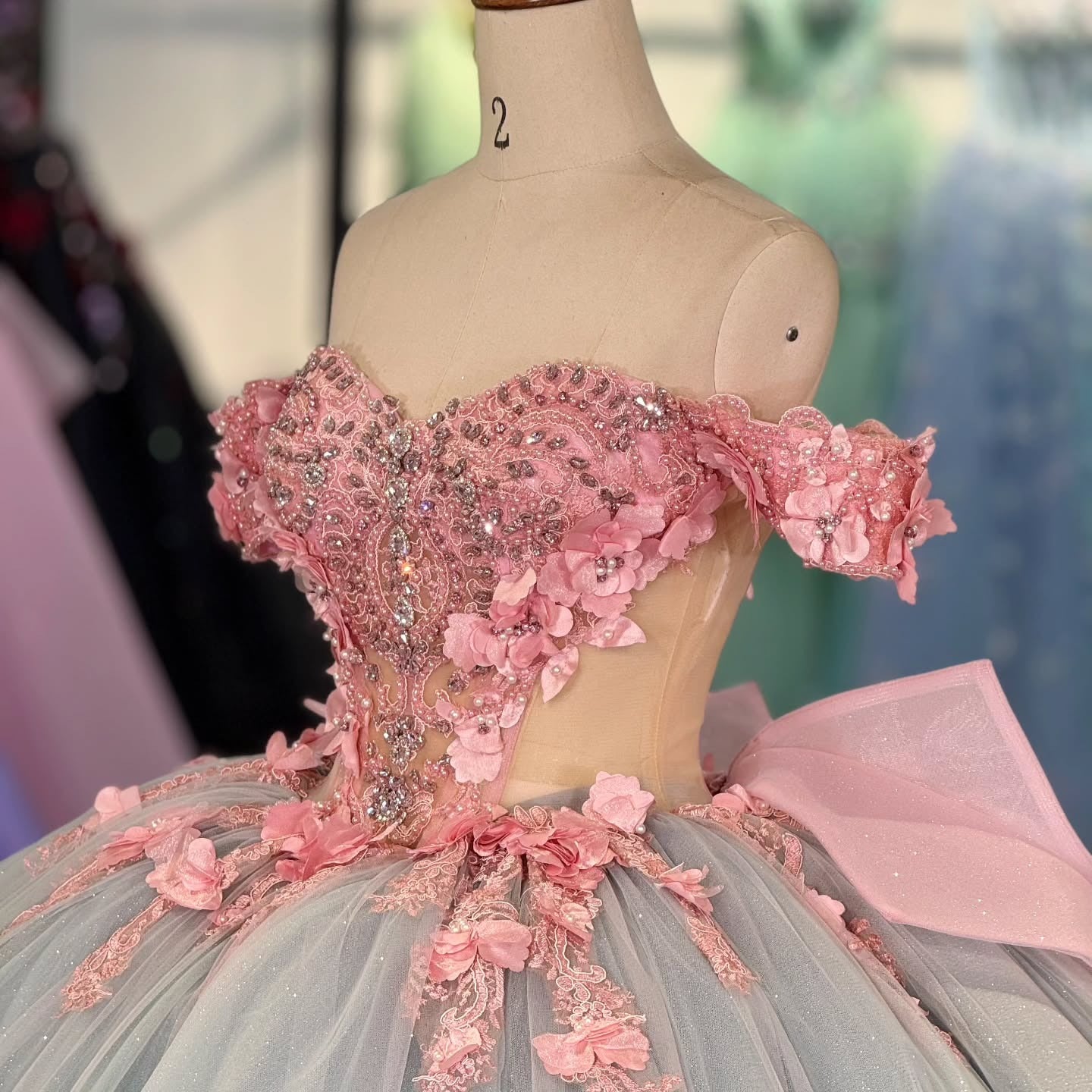 Vestidos de quinceañera con flores 3D de tul, estilo princesa, hombros descubiertos, para fiesta de dulces 16, HE441
