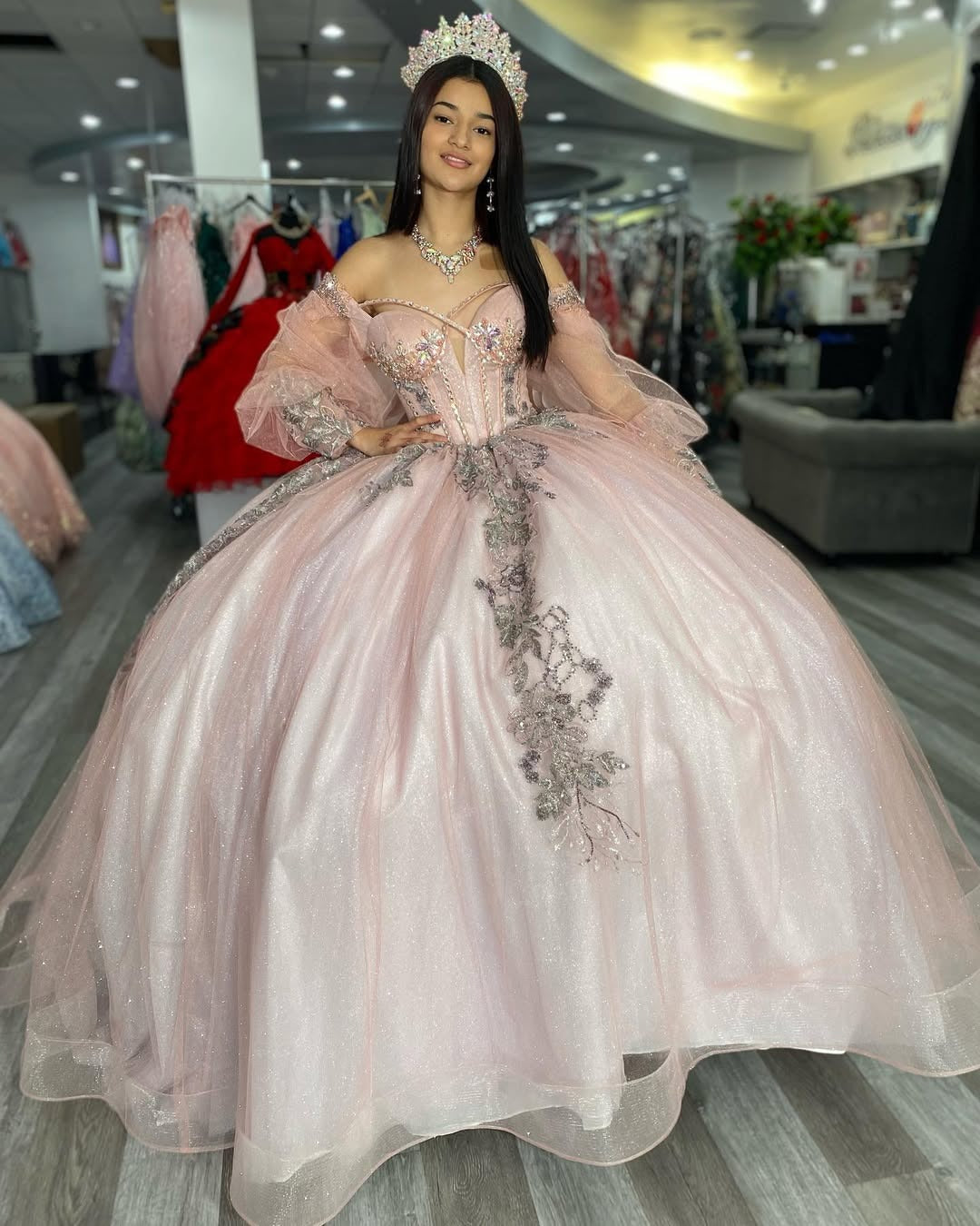 Glittery Tulle Appliqued Long Sleeves Sweet 16 Quinceanera Dresses HE522