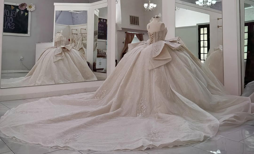 Vestido de quinceañera con tul color champán y encaje con cuentas, vestido de fiesta estilo princesa con escote corazón HE429