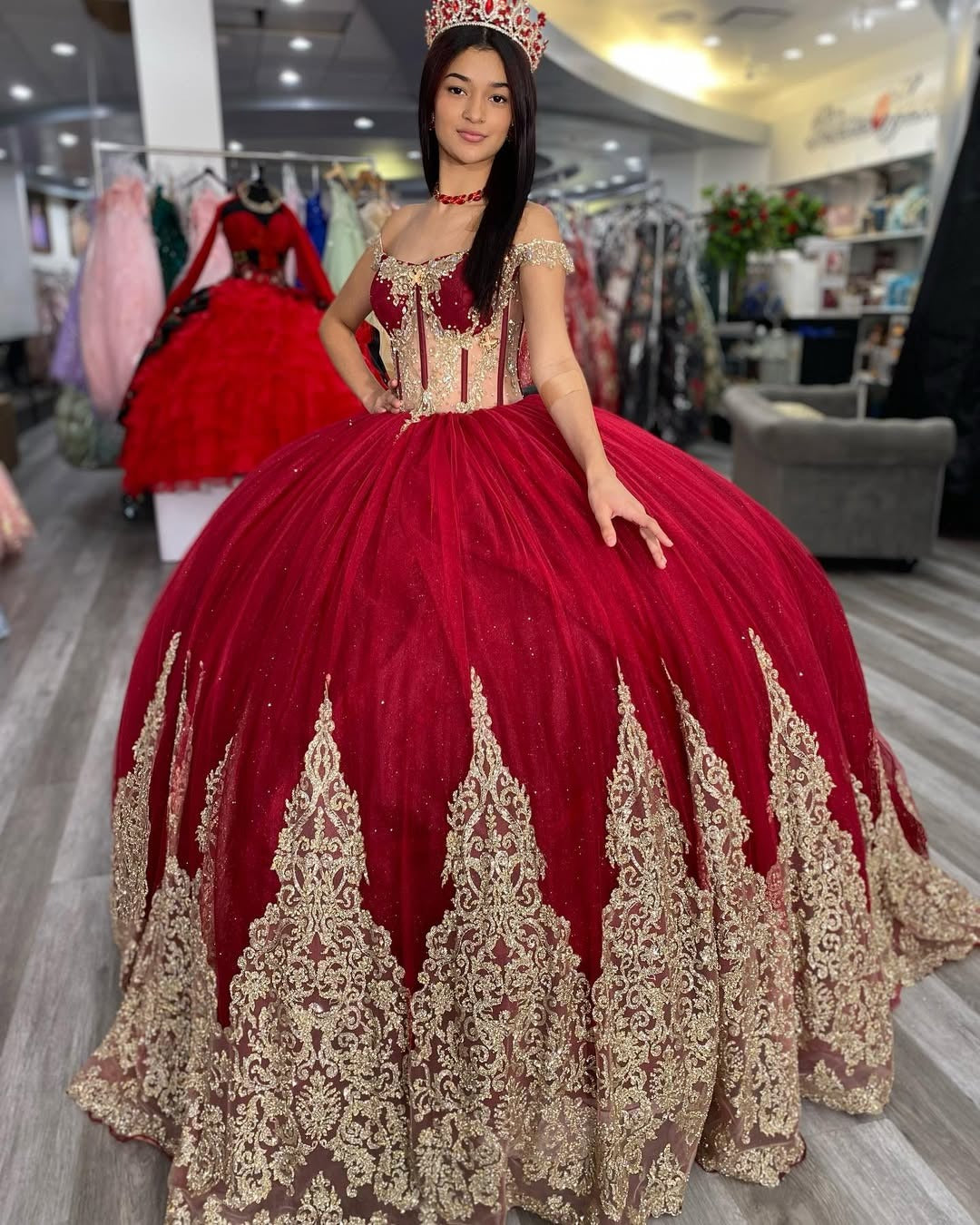 Off Shoulder Red Quinceanera Dresses for Sweet 16 Princess Ball Gown HE521