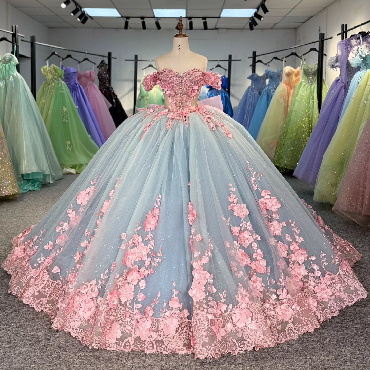 Vestidos de quinceañera con flores 3D de tul, estilo princesa, hombros descubiertos, para fiesta de dulces 16, HE441