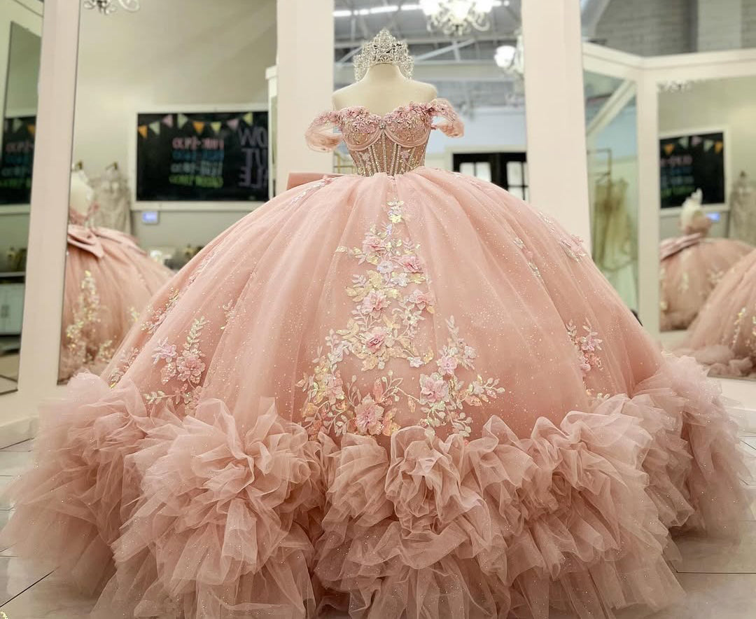 Vestidos de quinceañera rosa ruborizado, hombros descubiertos, estilo princesa, HE428