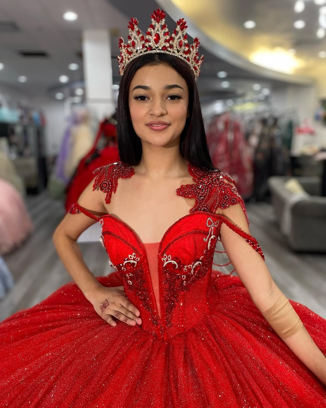 Vestidos de quinceañera de princesa rojos con tul brillante y apliques, vestidos de fiesta HE520