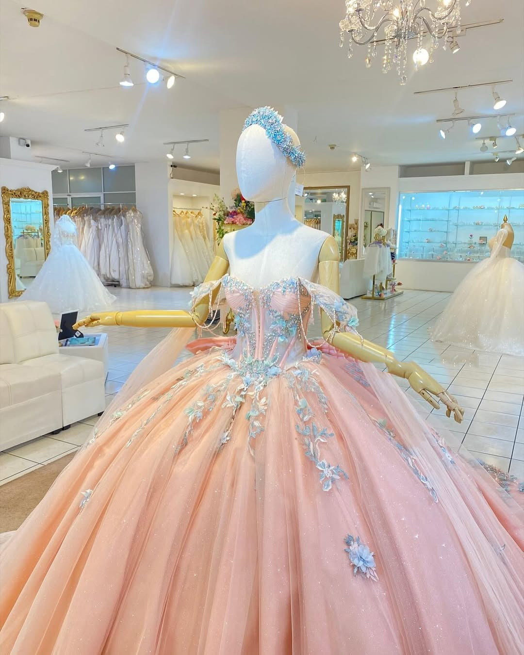 Off Shoulder Princess Tulle Appliqued 3d Flowers Quinceanera Dresses with Bow HE695