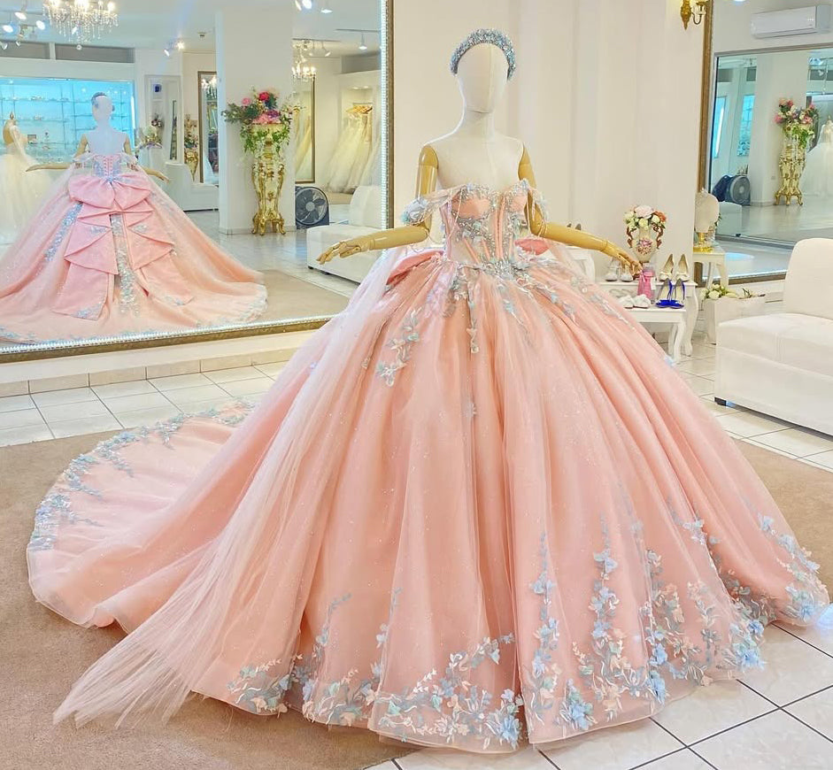 Off Shoulder Princess Tulle Appliqued 3d Flowers Quinceanera Dresses with Bow HE695