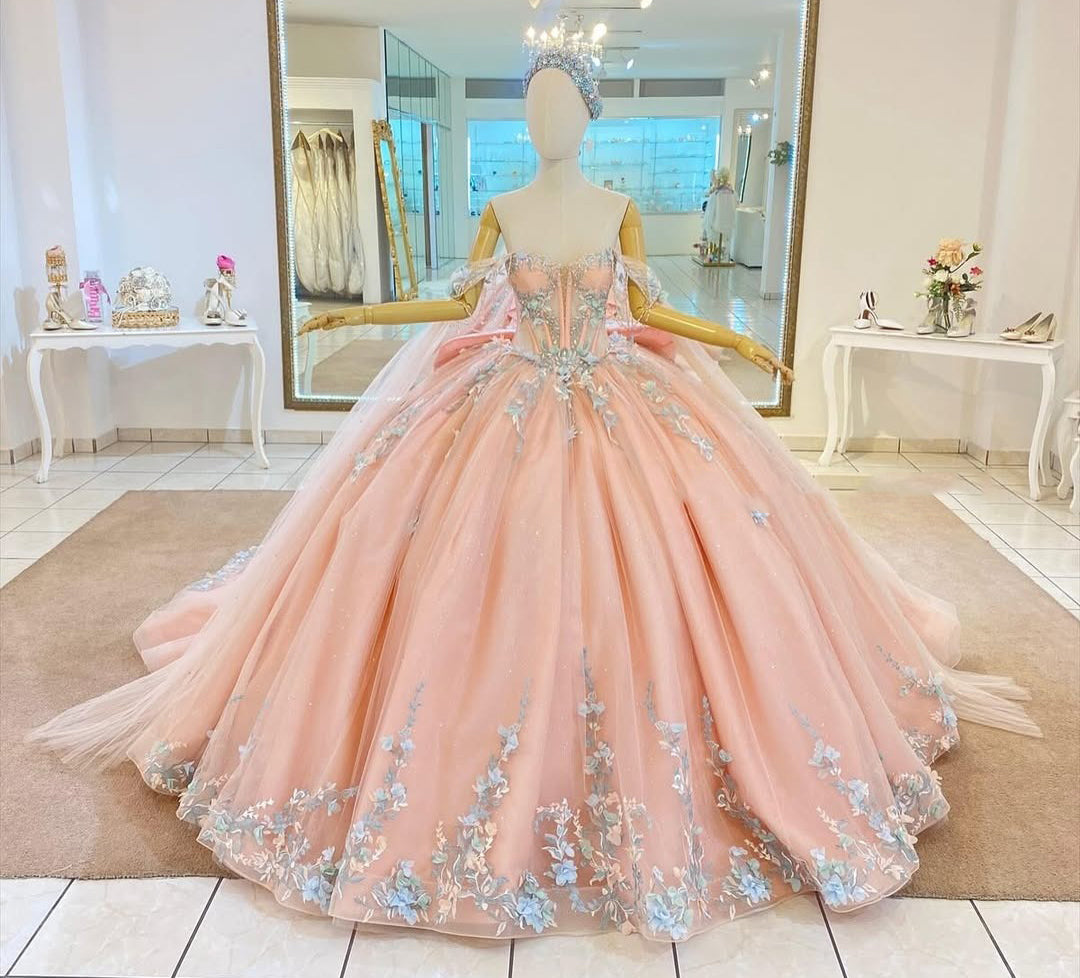 Off Shoulder Princess Tulle Appliqued 3d Flowers Quinceanera Dresses with Bow HE695