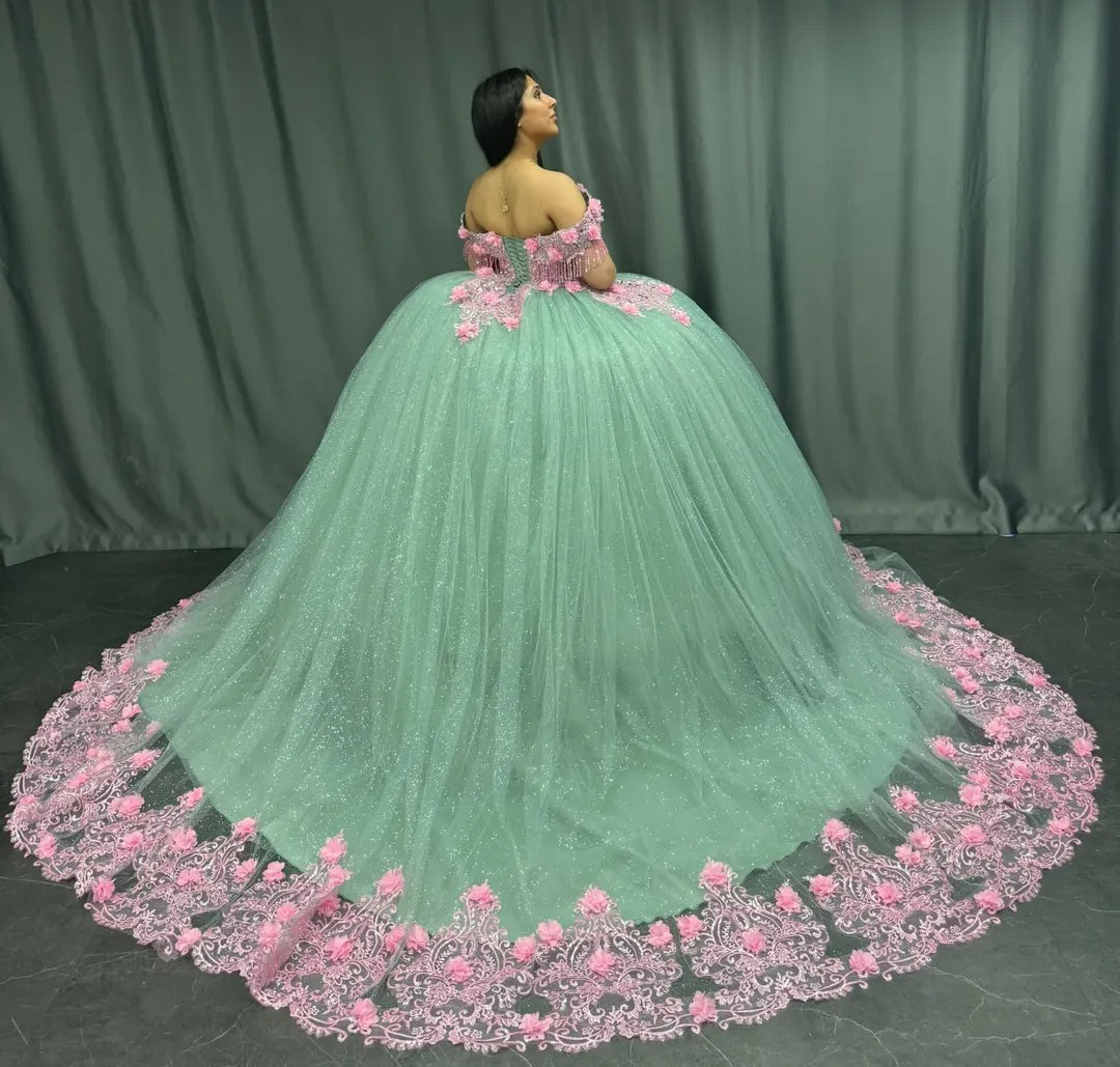 Vestidos de quinceañera estilo princesa con hombros descubiertos, tul verde y flores 3D, vestidos de fiesta HE438