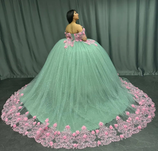 Off Shoulder Princess Quinceanera Dresses Green Tulle 3d Flowers Prom Gowns HE438